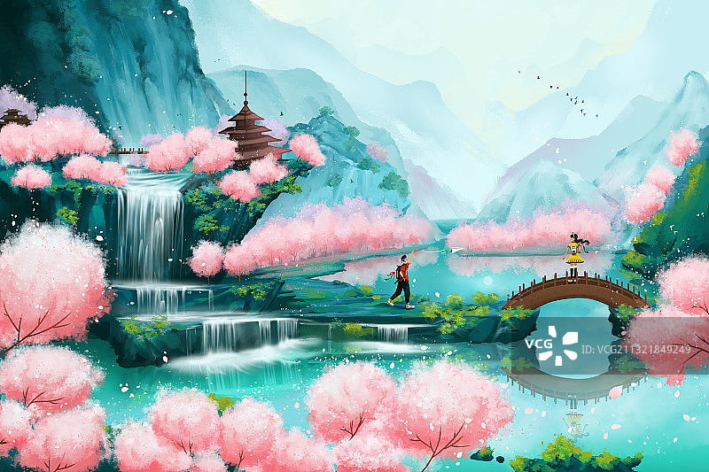 少年在开满桃花的山林旅游插画图片素材