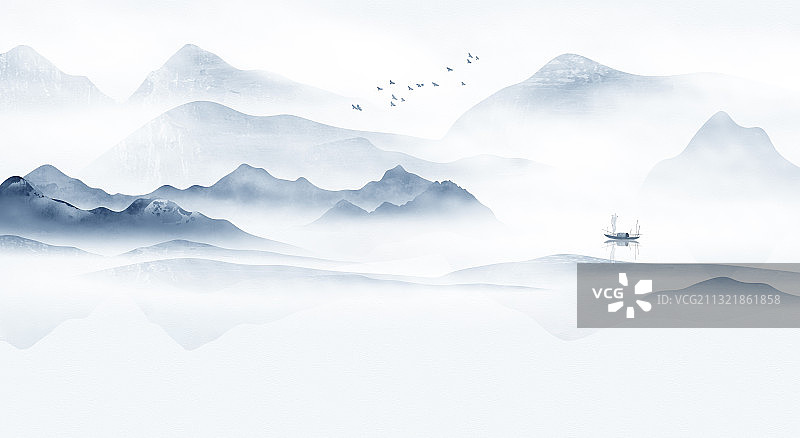 蓝色意境山水画图片素材