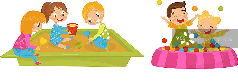 充满活力的男孩和女孩在沙箱里玩耍图片素材