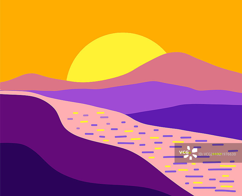 日落时分的河流和山脉自然景观图片素材