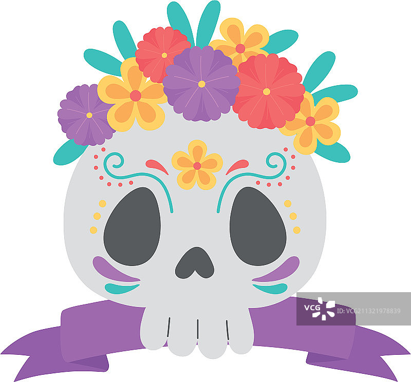 亡灵节鲜花骷髅和丝带图片素材