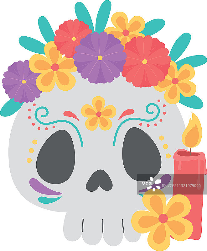 亡灵节卡特里娜与鲜花和蜡烛图片素材