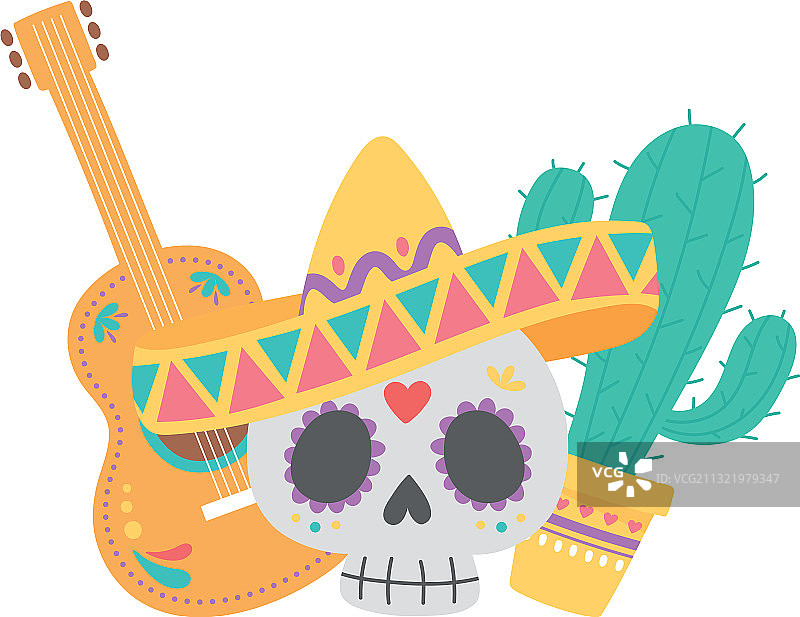 戴帽子、弹吉他和仙人掌的亡灵节骷髅图片素材