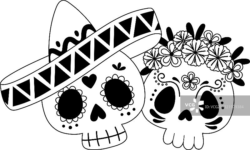 戴帽子和鲜花的亡灵骷髅情侣图片素材