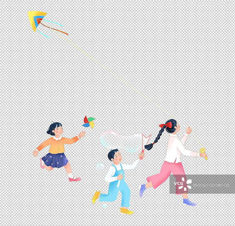 奔跑玩耍放风筝吹泡泡的男孩女孩插画图片素材