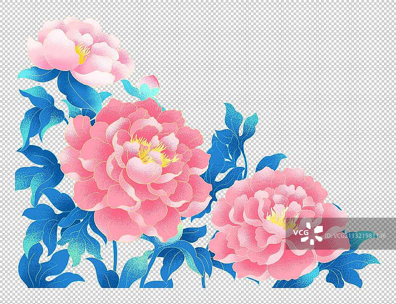盛开的三朵牡丹花噪点国潮插画图片素材