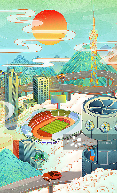 春天夏天燕子飞过高楼大厦城市鸟巢插画背景图片素材