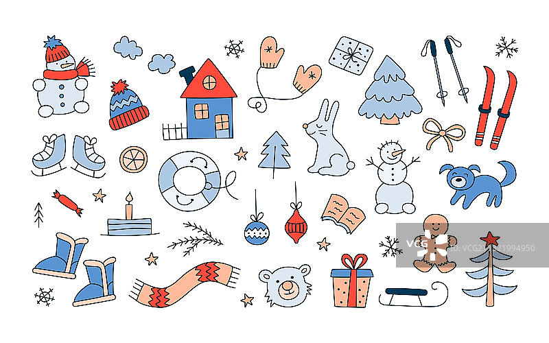涂鸦风格冬季圣诞节物品套装图片素材