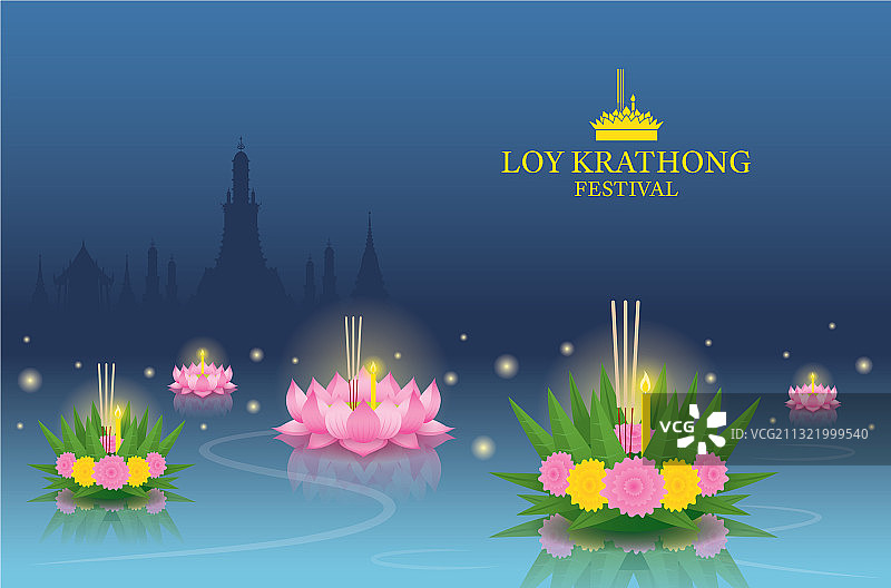 河流寺庙背景上的水灯节图片素材