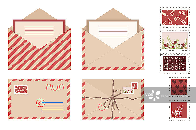 牛皮纸信封信件明信片套装图片素材