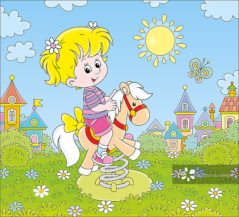 游乐场里骑木马摇摆的小女孩图片素材