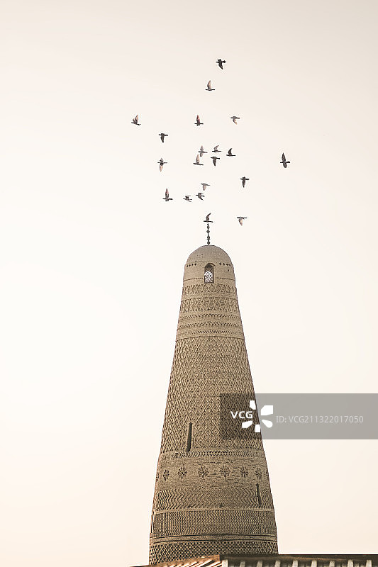 鸽子飞过新疆吐鲁番的苏公塔图片素材