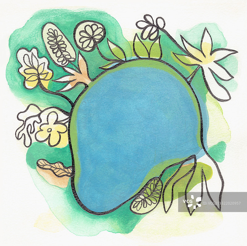 池塘植被景观航拍插画图片素材