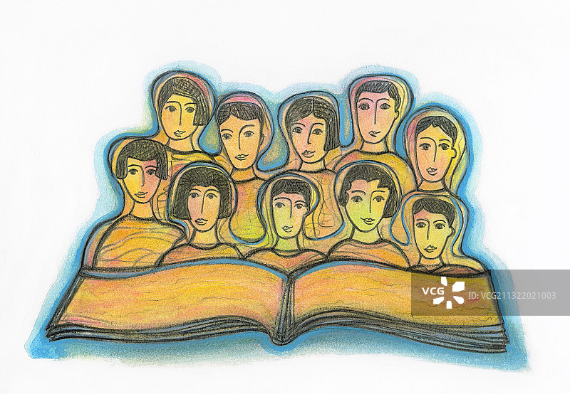 男孩女孩们一起看书插画图片素材