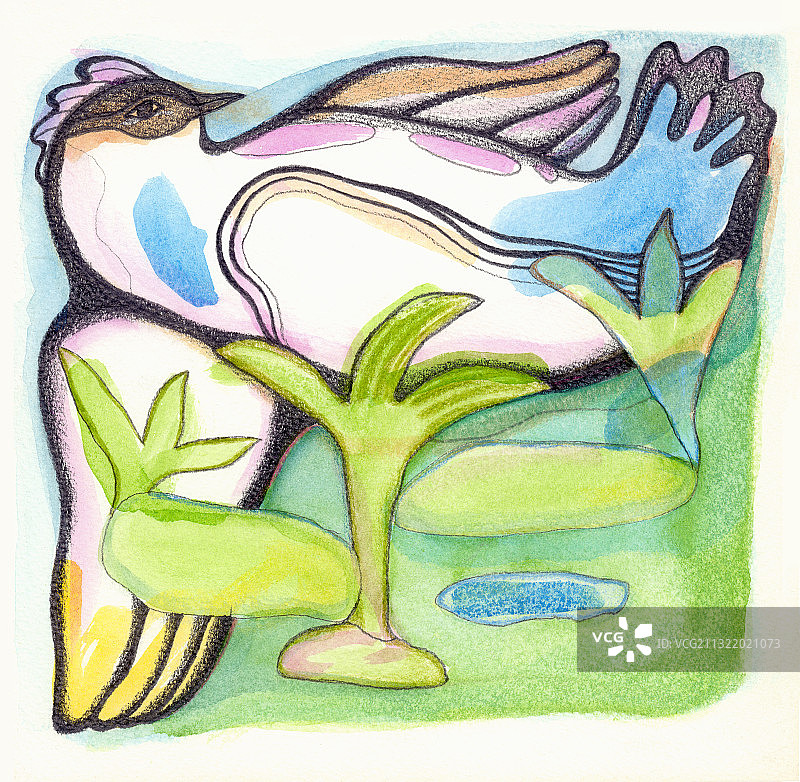 躺在植物上的大鸟插画图片素材