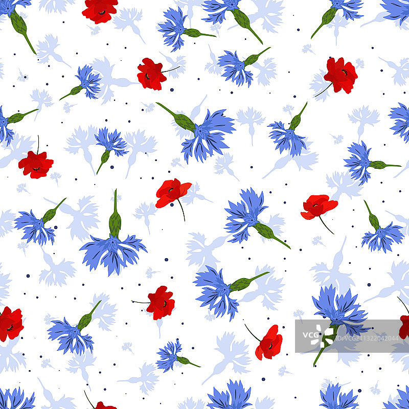 蓝色矢车菊和红色元素无缝图案图片素材