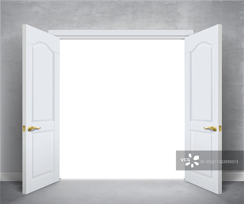 灰色墙壁上打开的白色双开门图片素材