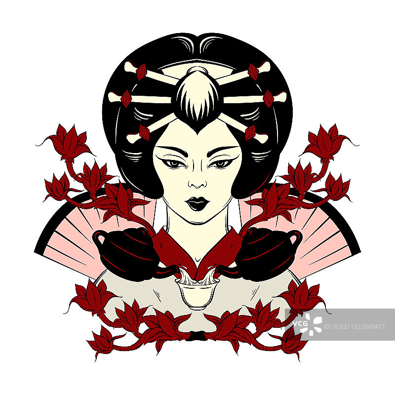 手绘日式茶杯肖像图片素材