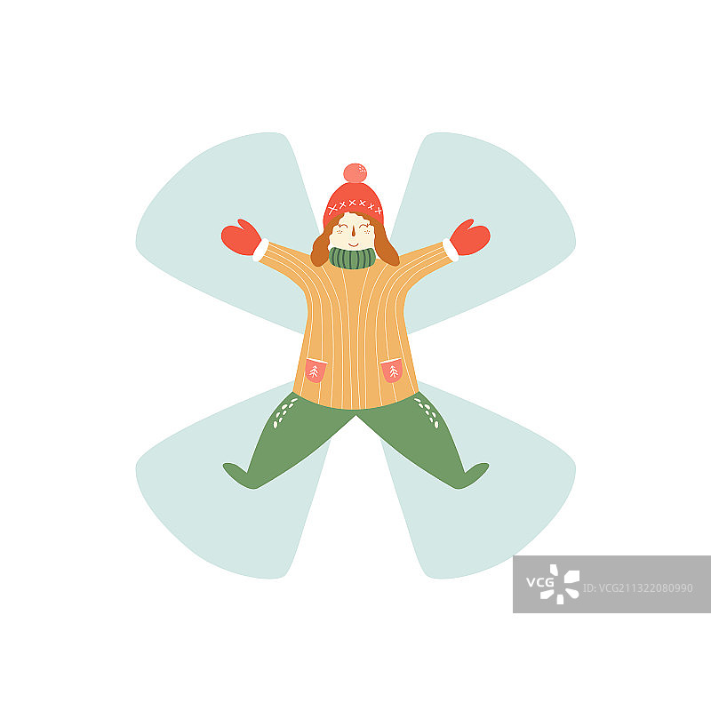 女孩堆雪天使，享受初雪图片素材