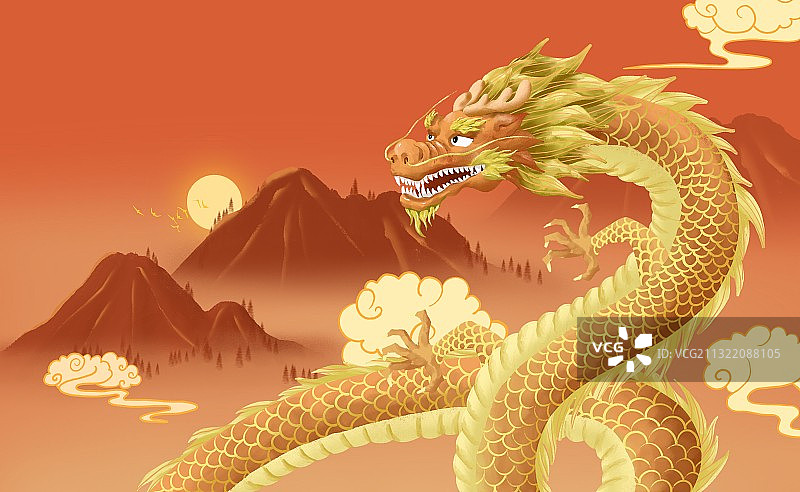 红色山水背景前一条神兽中国龙节日插画图片素材