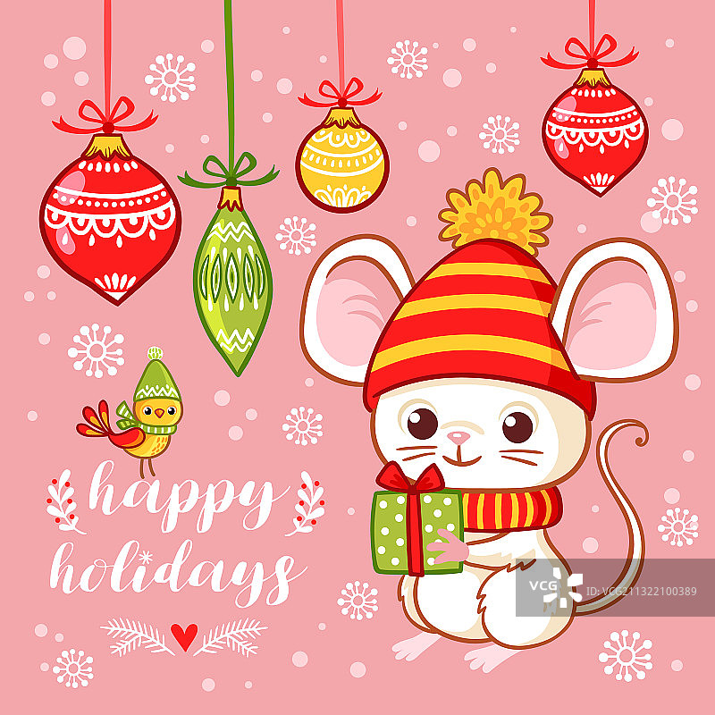 圣诞贺卡：可爱小老鼠拿着图片素材