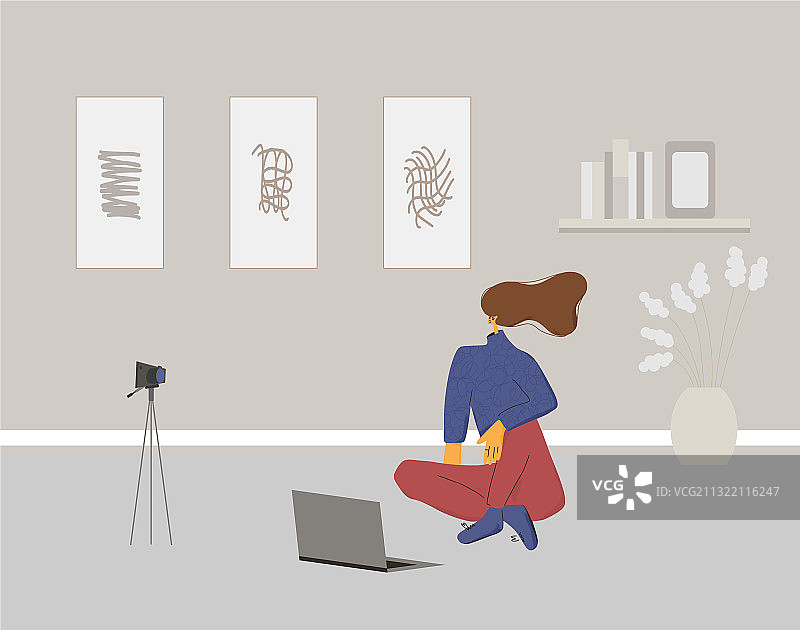 坐在地板上的扁平风格女孩图片素材