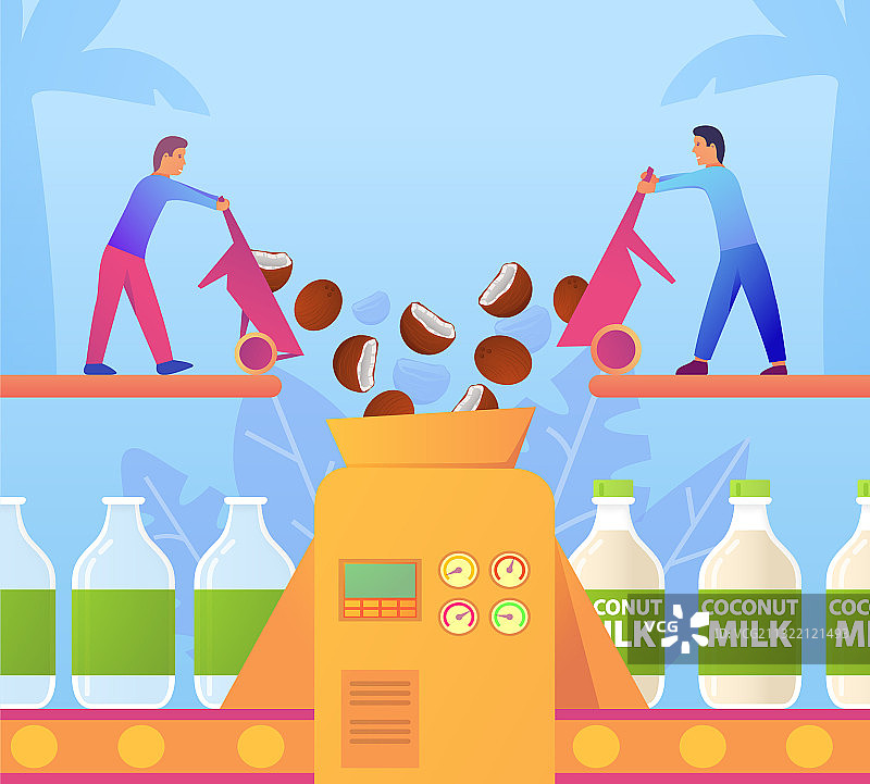 工厂传送带上的椰奶纯素产品图片素材