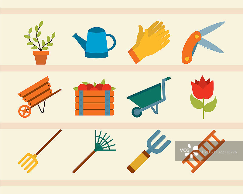 浇水壶和园艺扁平风格图标集图片素材