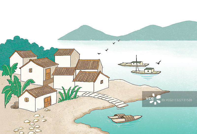 水边的小渔村图片素材