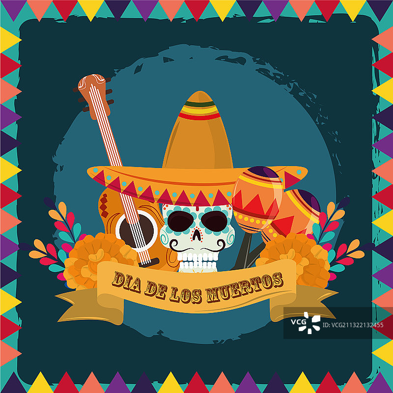 亡灵节带帽子和吉他的糖骷髅图片素材