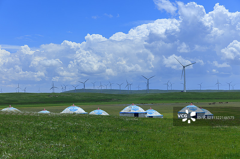 辉腾锡勒大草原，蒙古包，风力发电机。图片素材