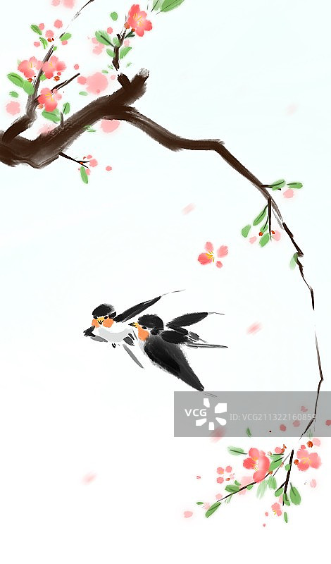 中国风春天花鸟画桃花柳树燕子飞图片素材