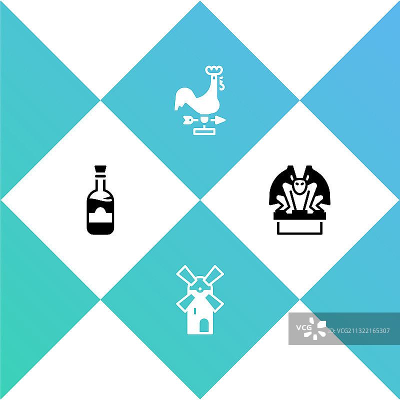葡萄酒瓶、风车、公鸡、气象标套装图片素材