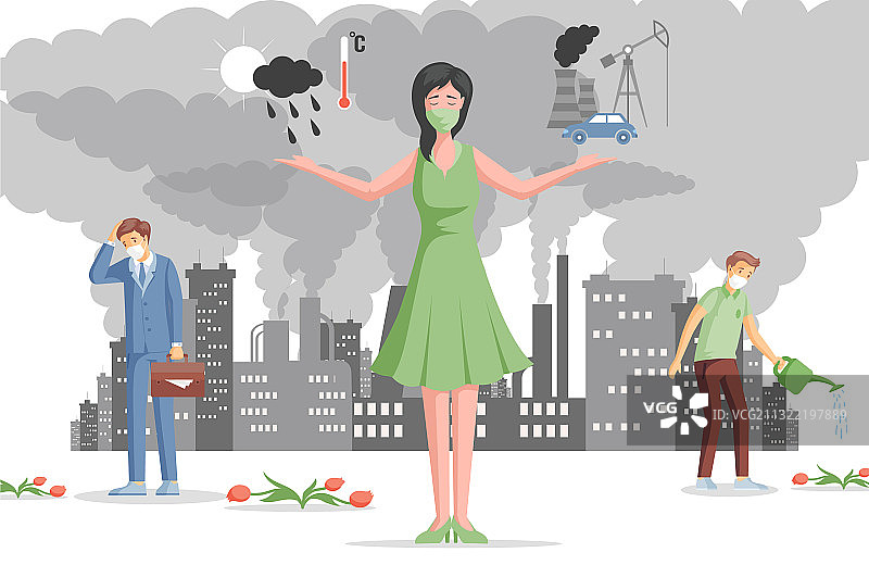 空气污染下的悲伤人群扁平风图片素材