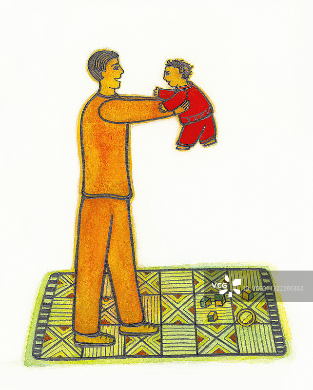 站在彩色地毯上抱着婴儿的男人插画图片素材