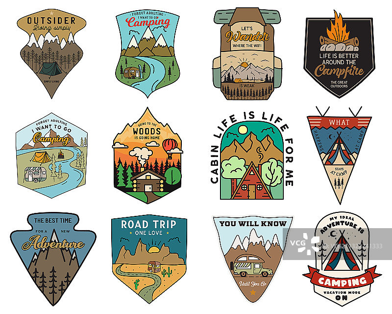 露营探险徽章标志复古旅行套装图片素材