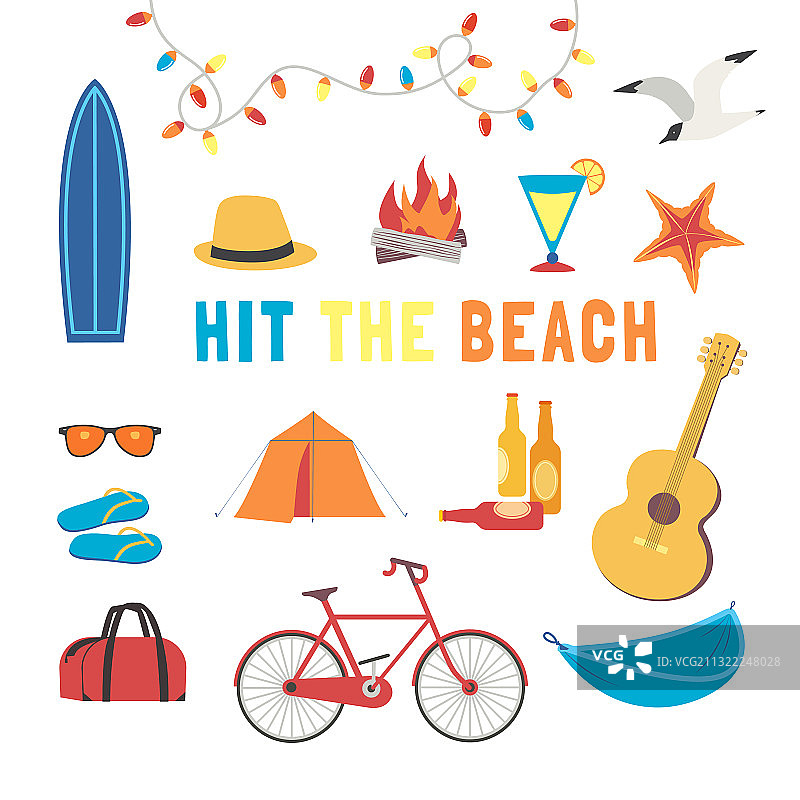 夏季海滩趣味探险图标扁平套装图片素材