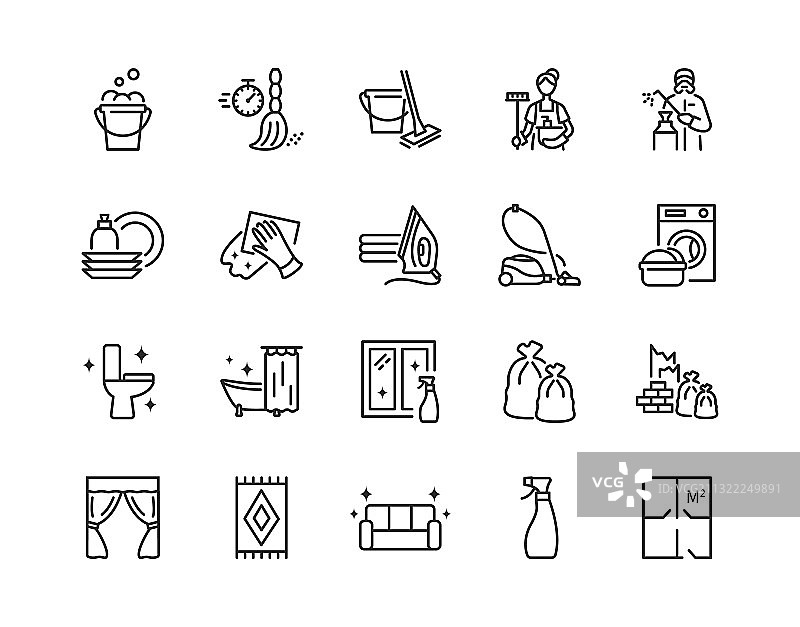 清洁服务扁平线条图标集图片素材