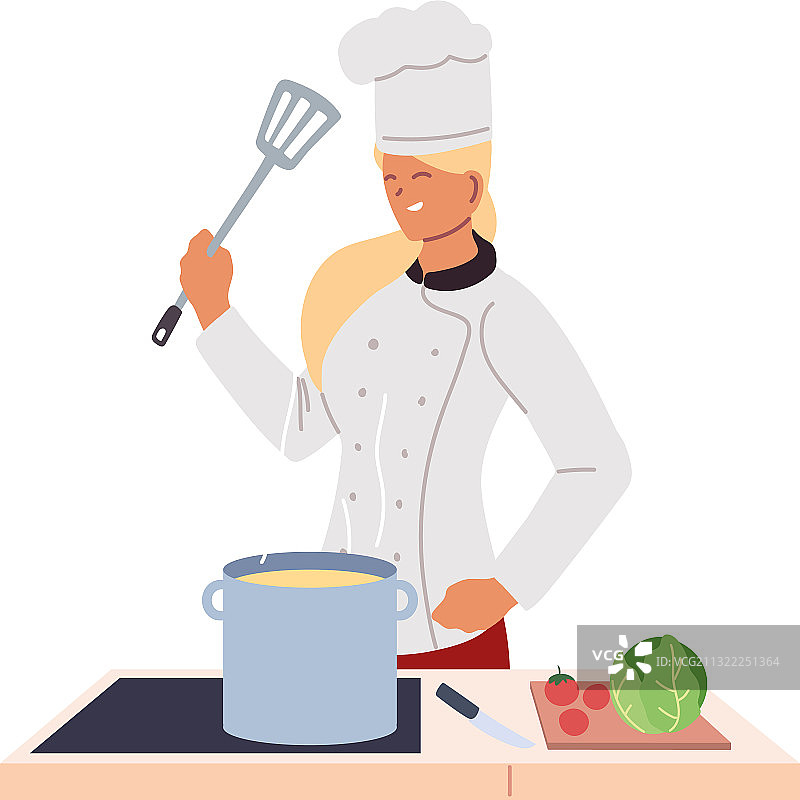 使用炉子和工作台的女厨师图片素材