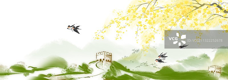 春天北京长城迎春花燕子图片素材