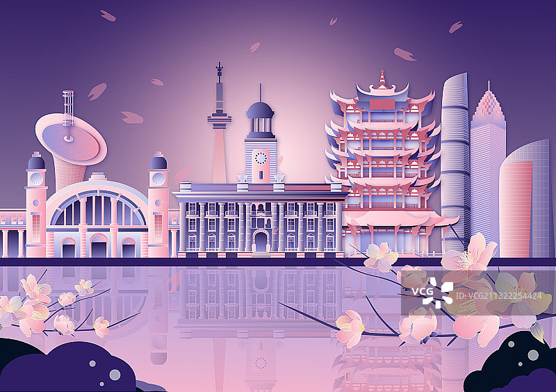 武汉樱花城市地标建筑黄鹤楼江汉关汉口火车站图片素材
