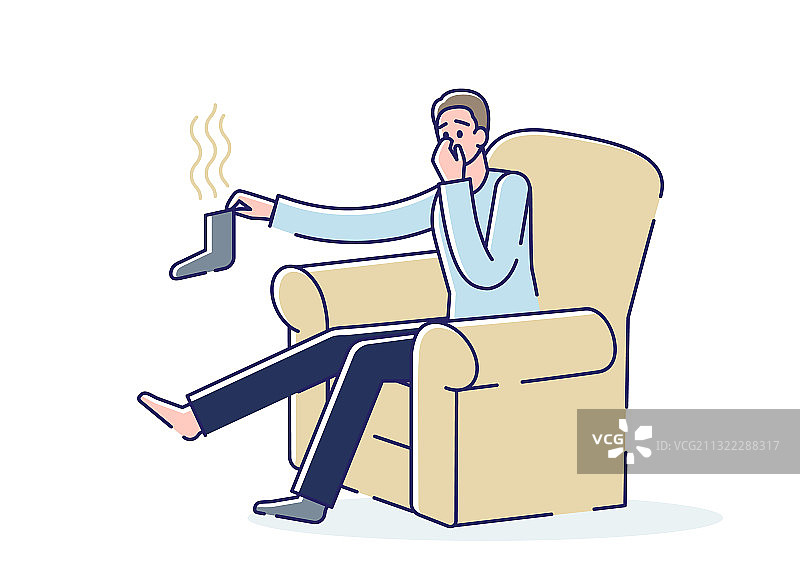 男人脱下臭袜子，捂住鼻子图片素材