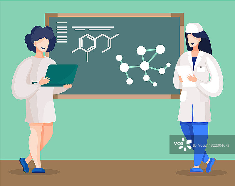 化学系学生在黑板前研究分子图片素材