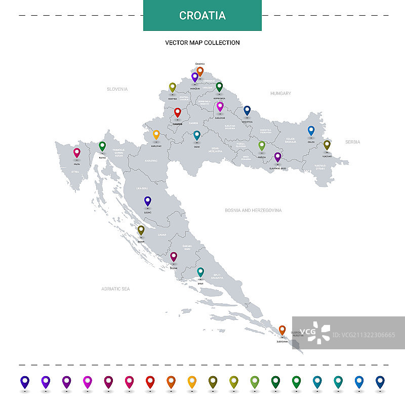 带有位置指针标记的克罗地亚地图图片素材