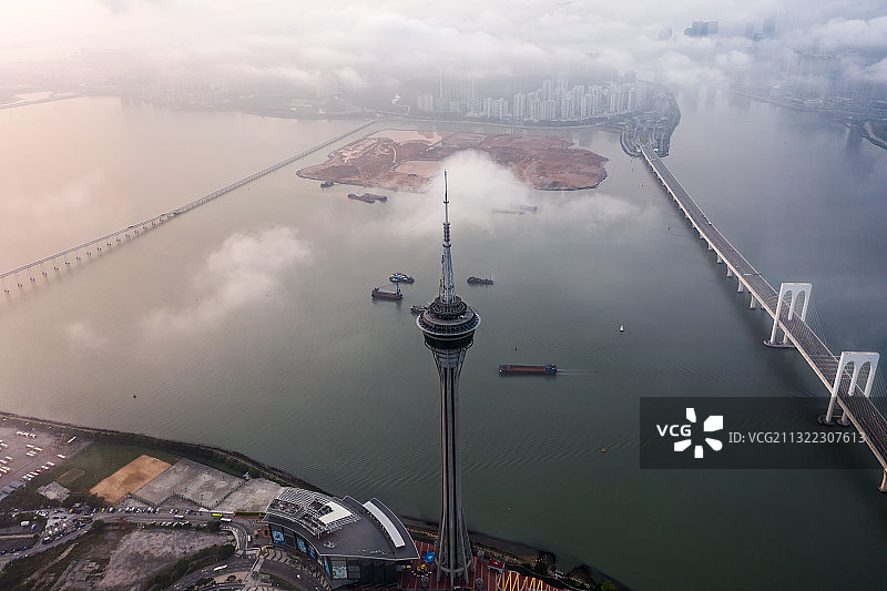 澳门旅游塔航拍图片素材