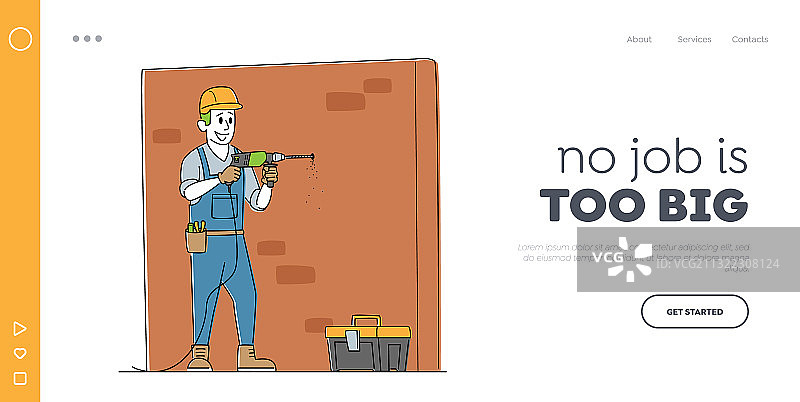 工人角色钻墙着陆页模板图片素材