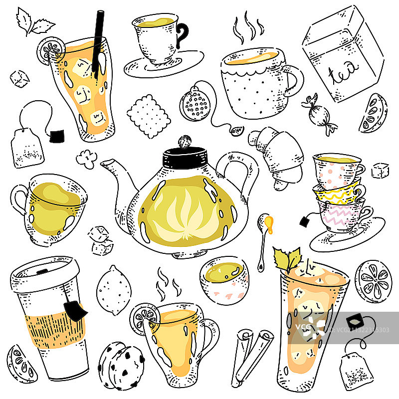 白色背景上的手绘涂鸦茶饮草图图片素材