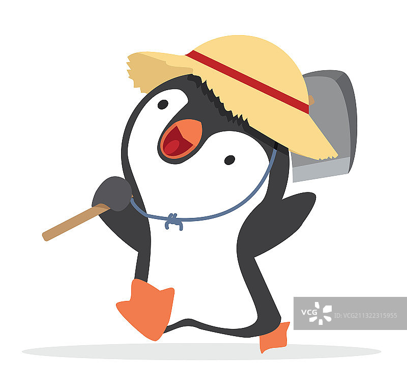 戴帽子的快乐企鹅拿着铲子图片素材