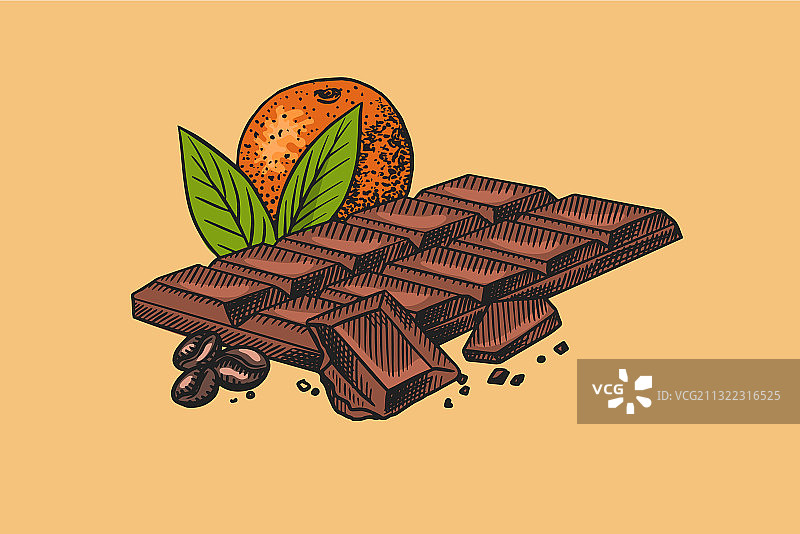 带橙子和咖啡豆的巧克力棒图片素材