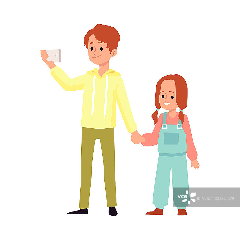 兄妹手牵着手扁平卡通图片素材